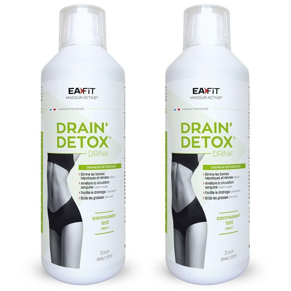 Deux bouteilles de EAFIT Drain' Detox Drink. Blanches, étiquetées. Inscription: Drain' Detox Drink, testé scientifiquement. Silhouette féminine.