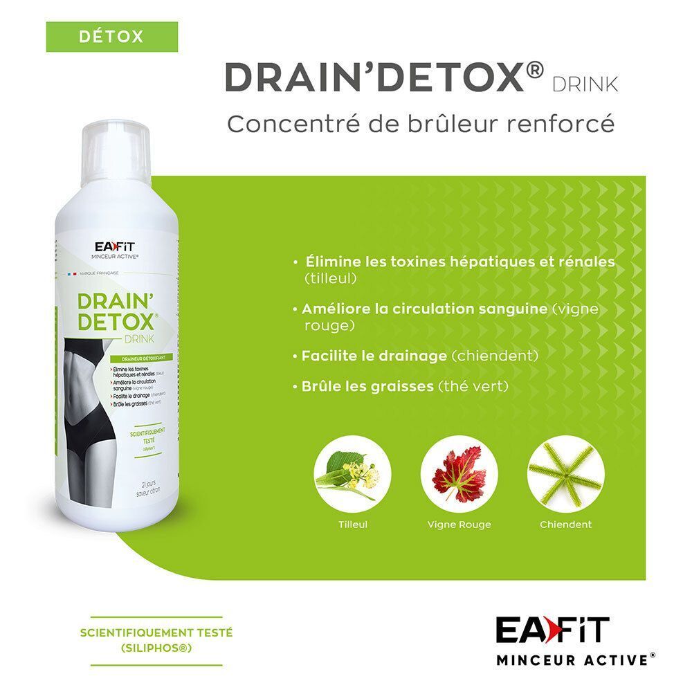 Bouteille EAFIT Drain' Detox Drink avec graphiques. Texte: Drain' Detox Drink, concentré brûleur renforcé. Illustrations de plantes.