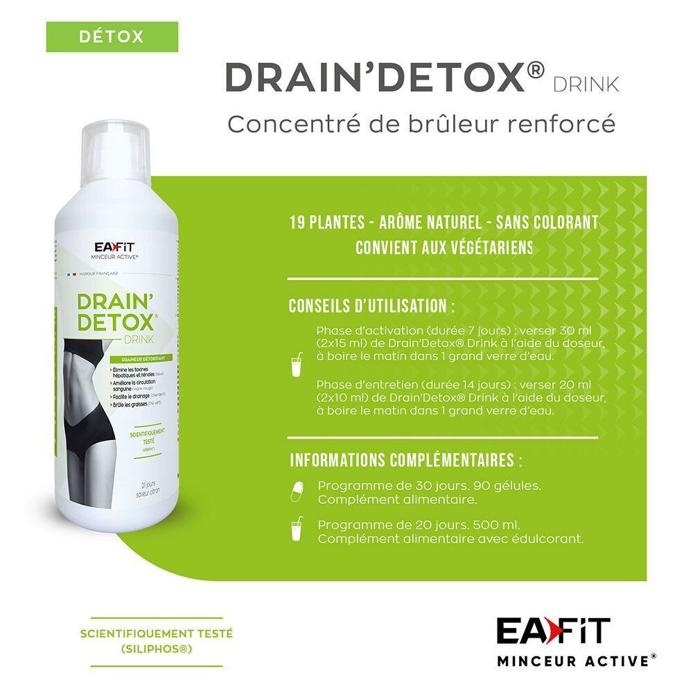Bouteille EAFIT Drain' Detox Drink avec texte. Texte: 19 plantes, arôme naturel, sans colorant. Conseils d'utilisation et informations complémentaires.