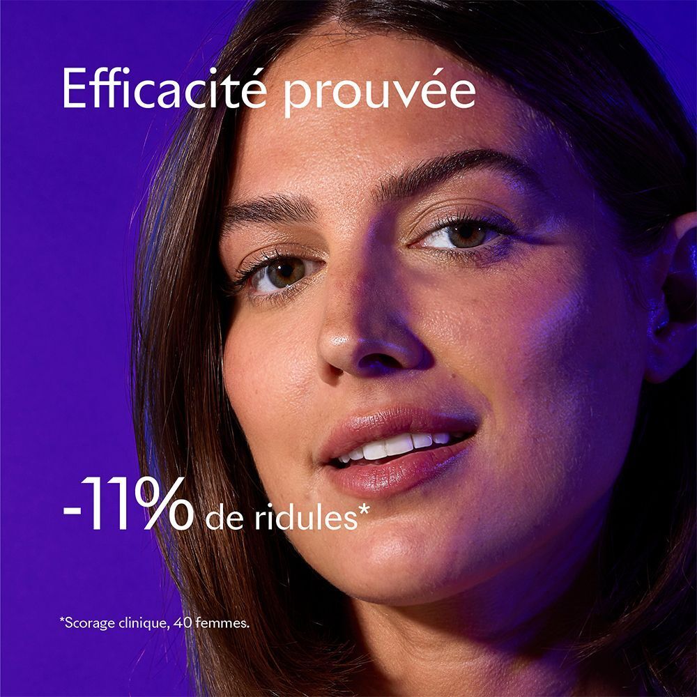 Portrait d'une femme. Texte: Efficacité prouvée, -11% de rides. Étude clinique, 40 femmes.