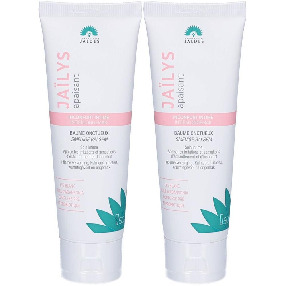 Deux tubes blancs côte à côte. Inscription JAÏLYS apaisant et BAUME ONCTUEUX. Design vert et rose.
