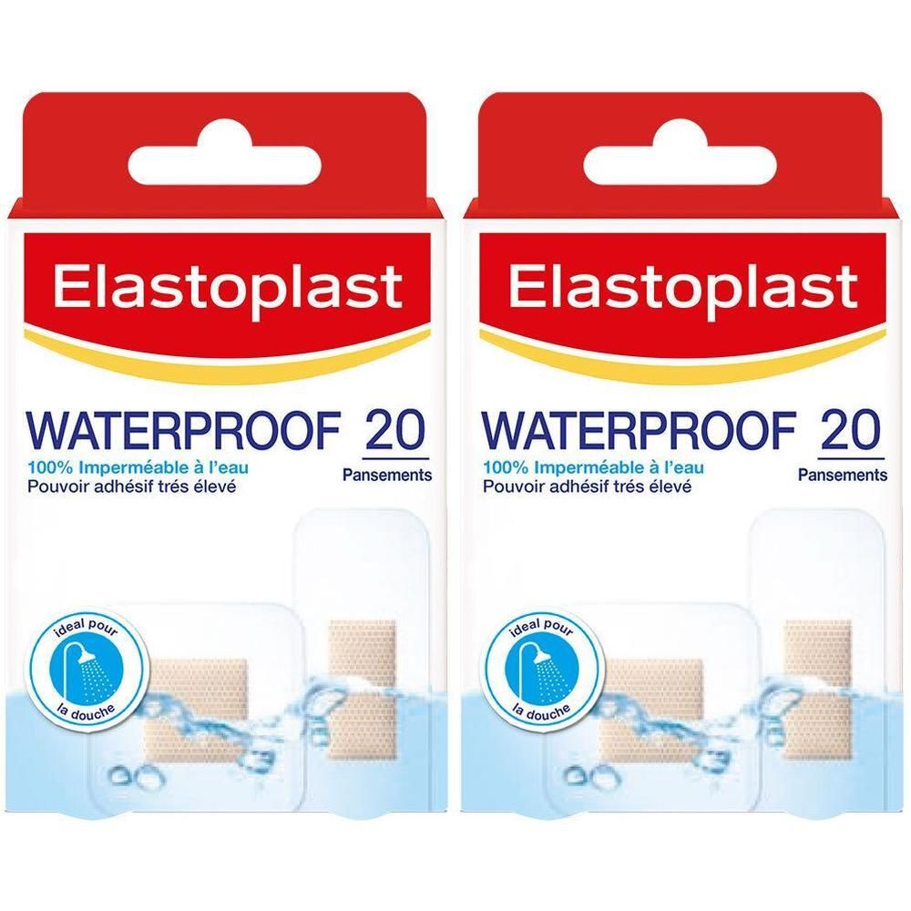 Deux boîtes de ELASTOPLAST PANS AQUA PROTECT. Inscription: WATERPROOF 20. Idéal pour la douche.