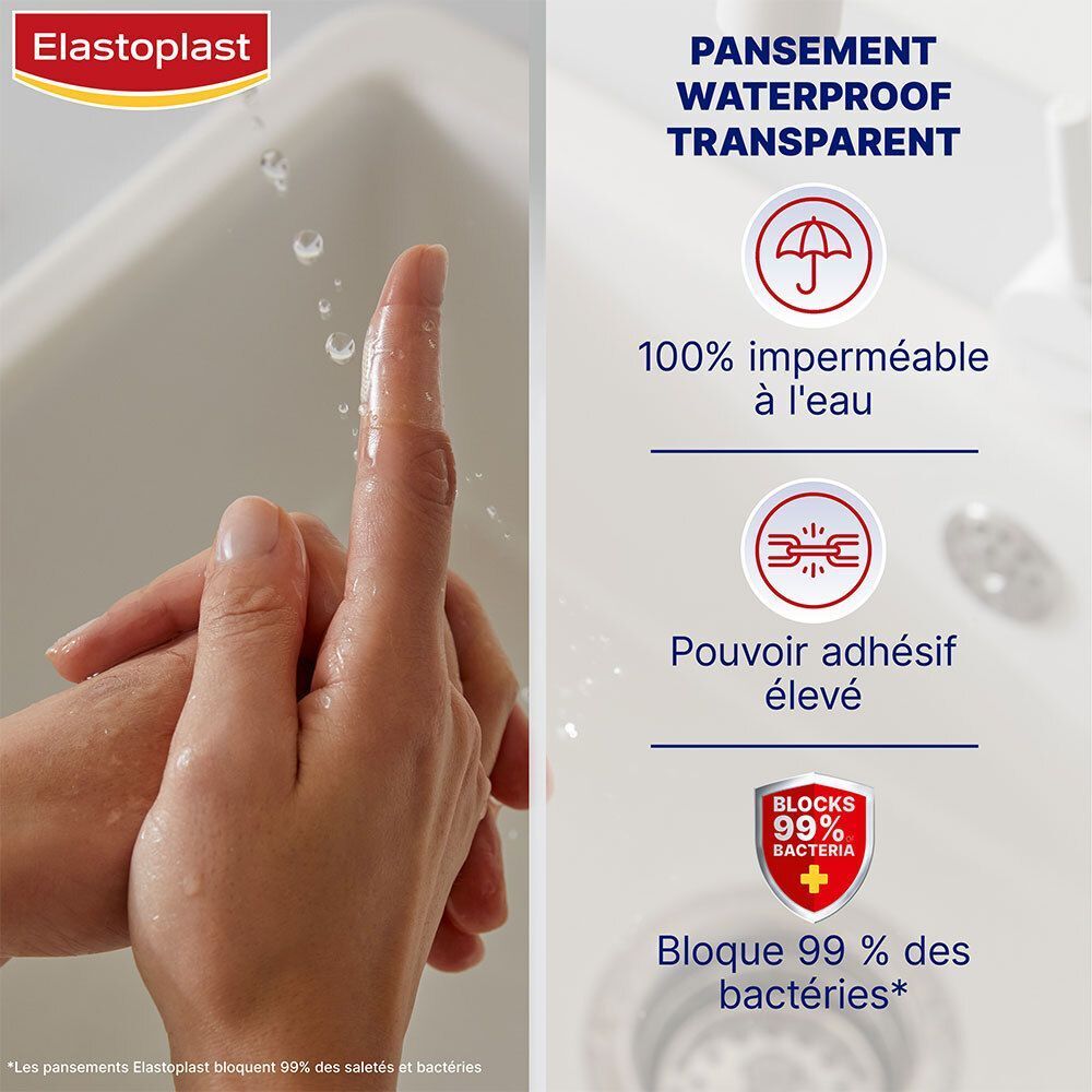 Main avec pansement sous l'eau. Texte: PANSEMENT WATERPROOF TRANSPARENT. 100% imperméable. Pouvoir adhésif élevé. Bloque 99% des bactéries.