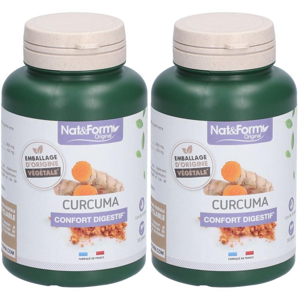 Deux flacons verts avec des couvercles beiges. Étiquettes avec "Nat&Form Original" et "Curcuma Confort Digestif".