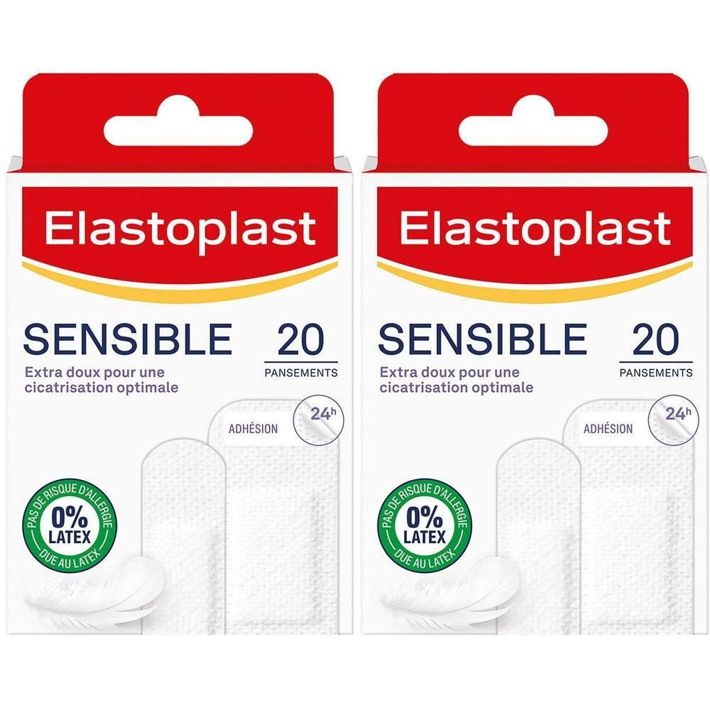 Deux boîtes de pansements. Inscription: Elastoplast, SENSIBLE, 20 pansements. 0% latex. Pansements ronds visibles.