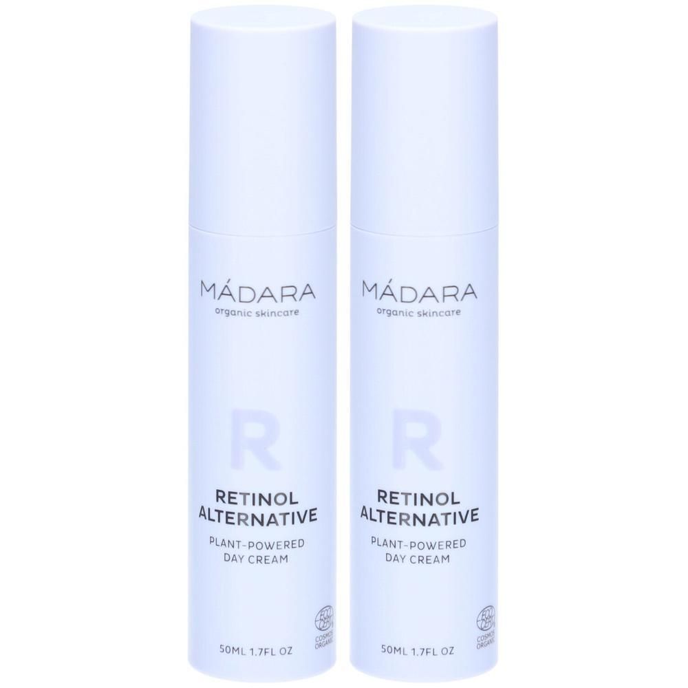 Deux flacons blancs « MÁDARA Retinol Alternative ». Texte : « Plant-Powered Day Cream ». 50 ml.