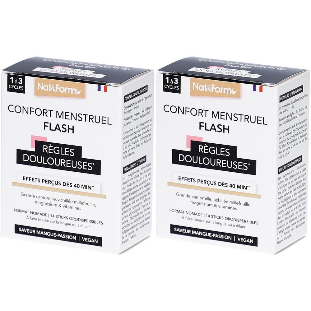 Deux boîtes de NAT & FORM Confort Menstruel Flash. Inscription: RÈGLES DOULOUREUSES, Effets perçus dès 40 min. 14 sticks, goût mangue-passion.