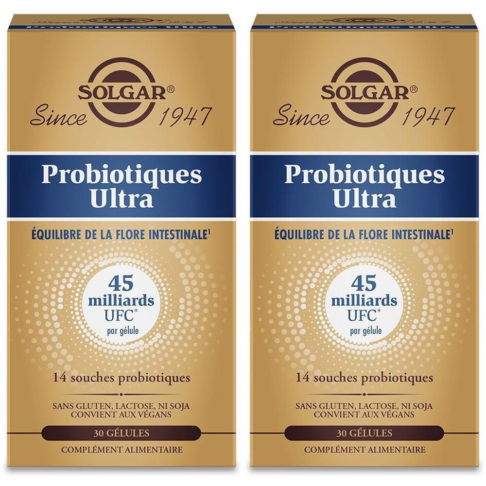 Deux boîtes de SOLGAR Probiotiques Ultra. Emballage doré avec texte bleu. Contient 30 gélules. Sans gluten, lactose ni soja.