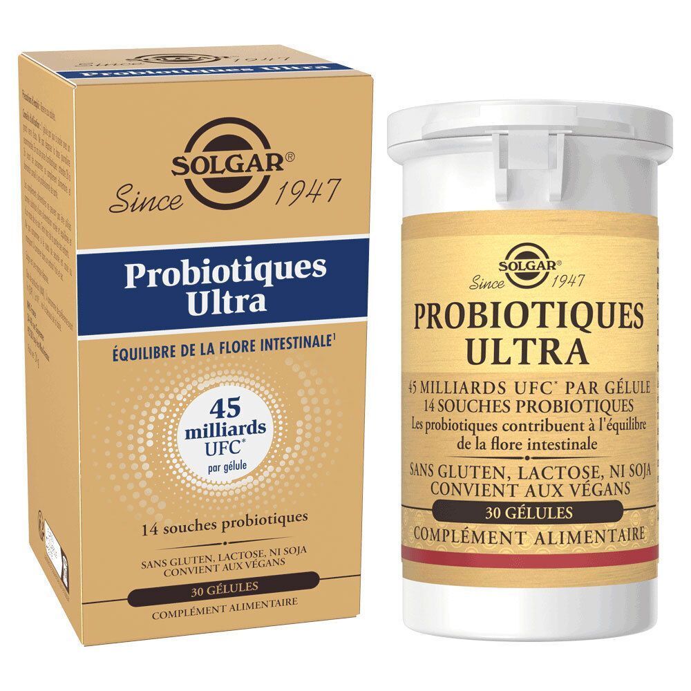 Boîte et flacon de SOLGAR Probiotiques Ultra. Emballage doré avec texte bleu. Contient 30 gélules. Flacon avec couvercle.