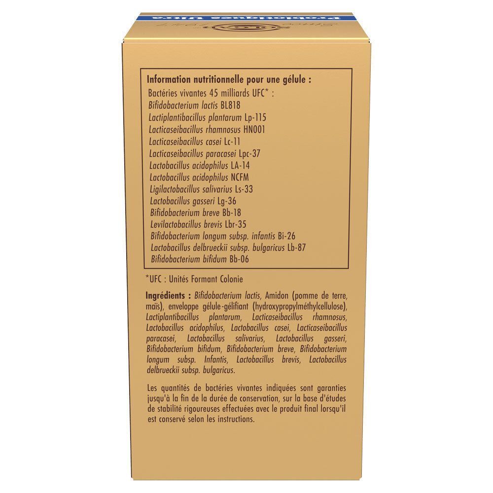 Dos de la boîte SOLGAR Probiotiques Ultra. Liste des ingrédients et souches bactériennes. Carton doré.