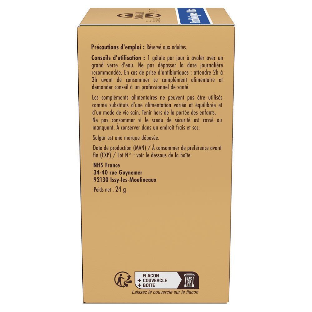 Dos de la boîte SOLGAR Probiotiques Ultra. Instructions d'utilisation et coordonnées. Carton doré.