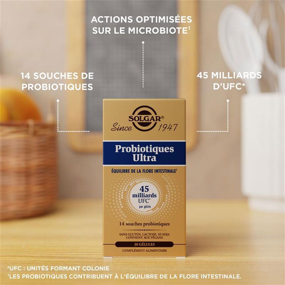 Boîte SOLGAR Probiotiques Ultra sur fond flou. Emballage doré avec texte bleu. 30 gélules.