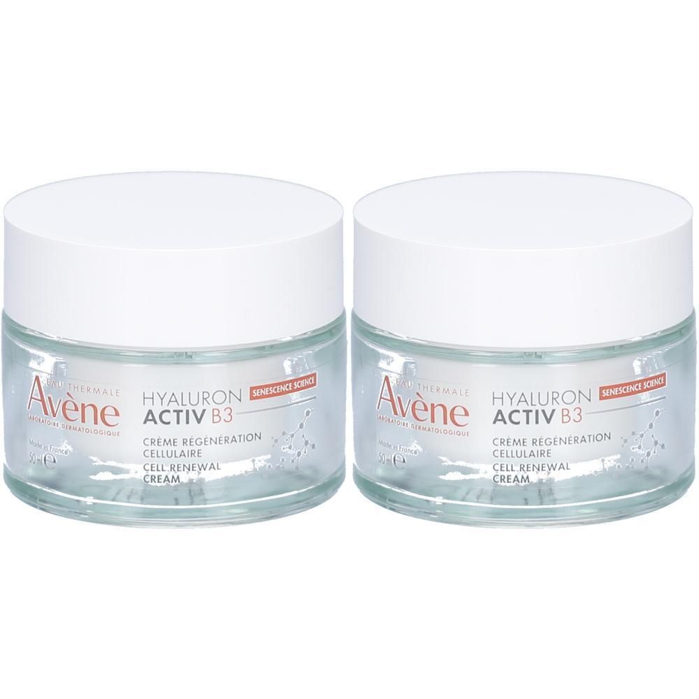 Deux pots de crème avec couvercles blancs. On lit "Avène HYALURON ACTIV B3 CREME RÉGÉNÉRATION CELLULAIRE" sur les pots.