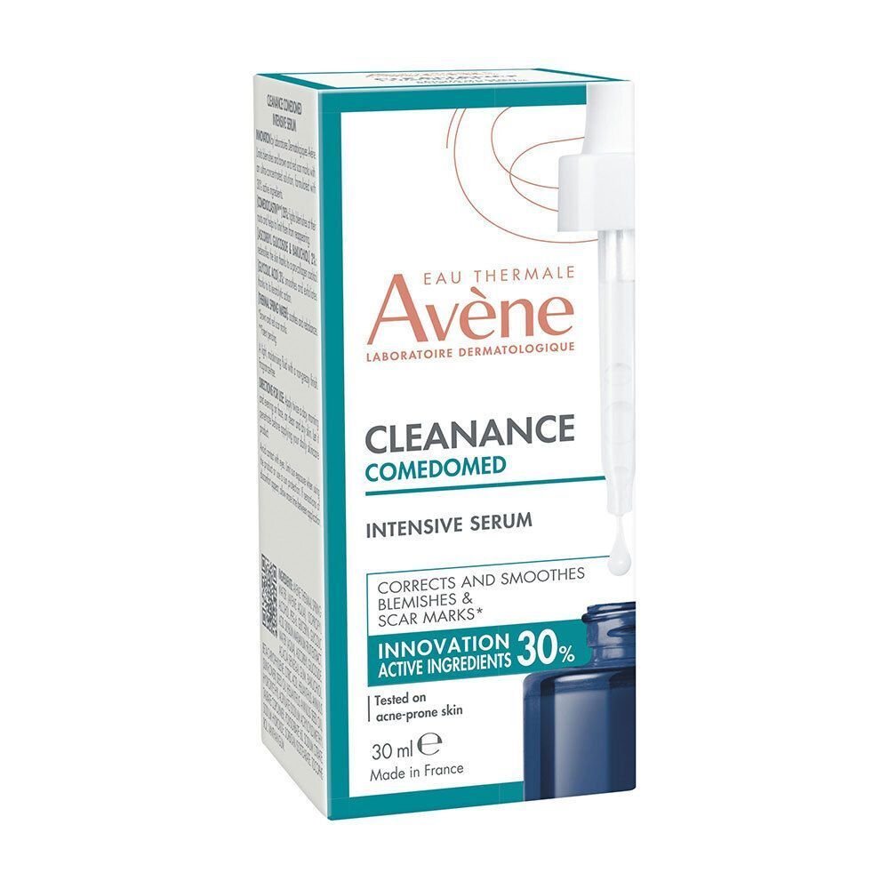 Emballage blanc avec flacon bleu. Inscription: CLEANANCE COMEDOMED, Sérum Intensif, 30ml. Marque: Avène.