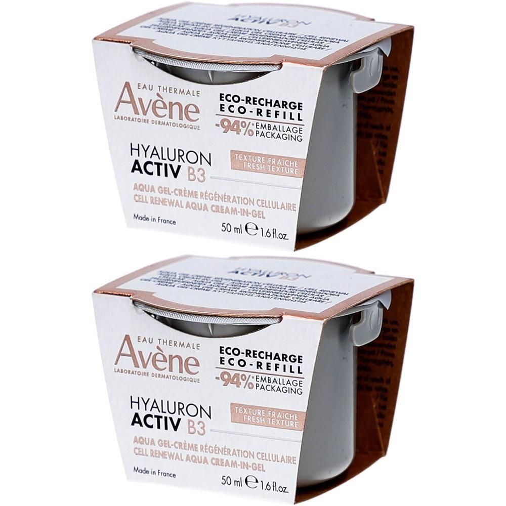 Deux recharges de crème en emballage carton. Inscription: Avène, Hyaluron Activ B3, Aqua Gel-Crème Régénération Cellulaire, Eco-Recharge, 50 ml.