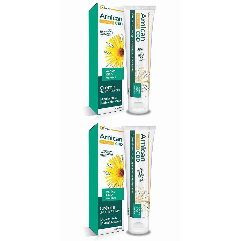 Deux tubes et boîtes. Inscription: Arnican CBD Crème de massage. Avec fleur d'arnica.