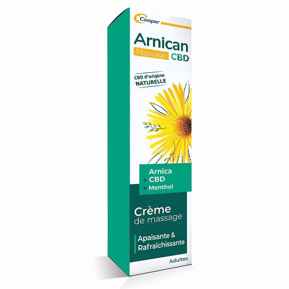 Boîte. Inscription: Arnican Massage CBD. Crème de massage. Avec fleur d'arnica et menthol.