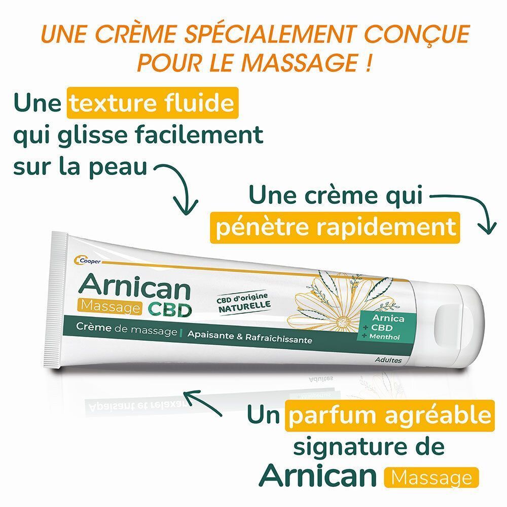 Tube. Texte: Arnican Massage CBD. Crème de massage. Avec CBD et menthol. Texte: Fluide.