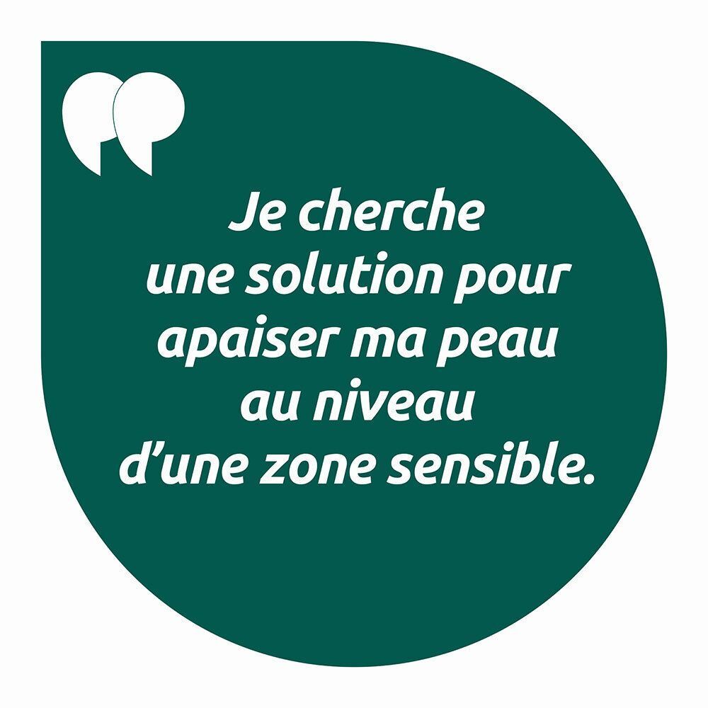 Texte dans bulle: Je cherche une solution pour apaiser ma peau au niveau d'une zone sensible.