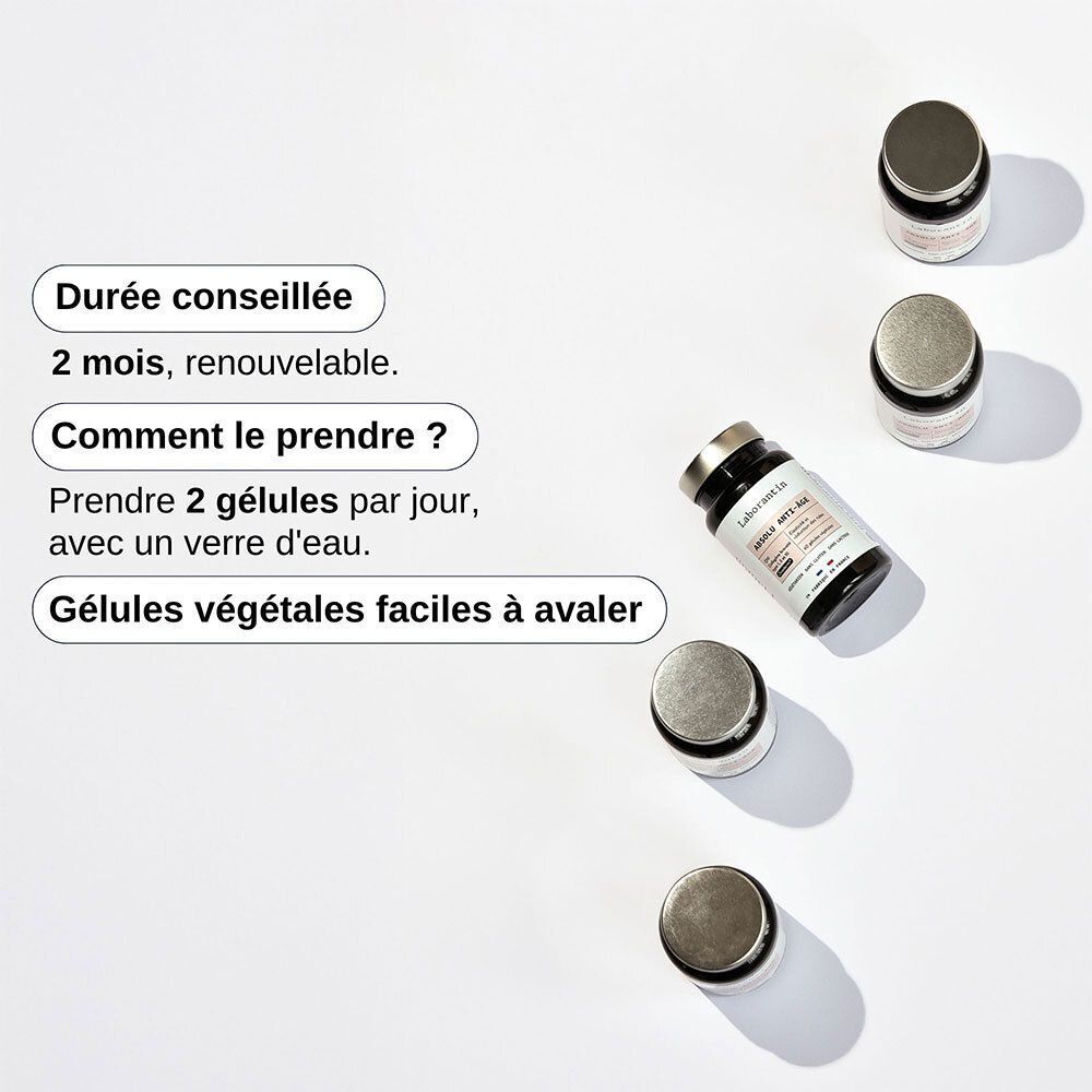Flacons Laborantin Absolu Anti-Âge. Texte: Durée conseillée, Comment le prendre?, Gélules végétales faciles à avaler.