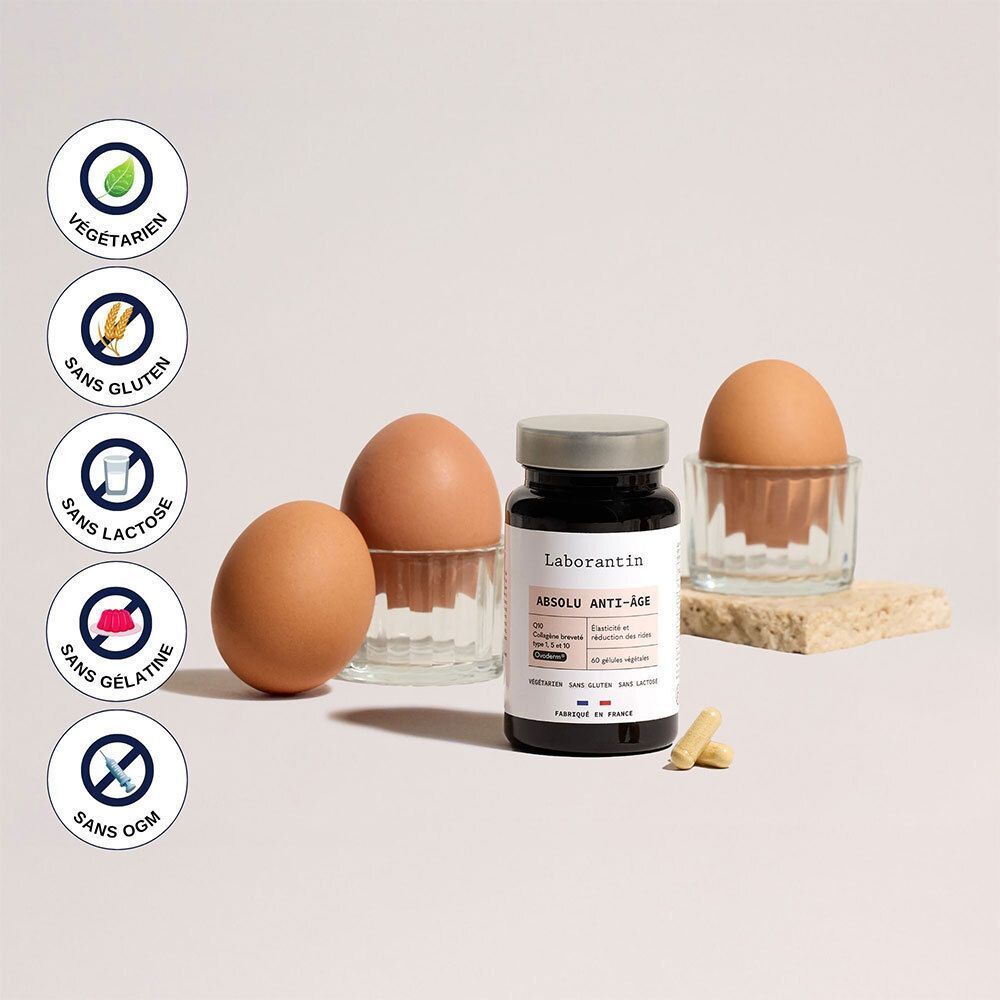 Flacon Laborantin Absolu Anti-Âge avec œufs et symboles: Végétarien, Sans gluten, Sans lactose, Sans gélatine, Sans OGM.