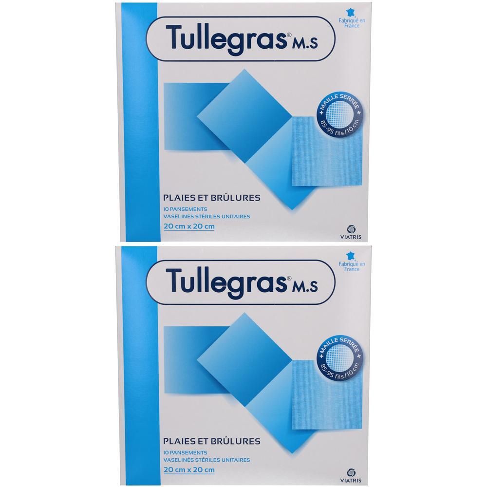 Deux boîtes de pansements Tullegras M.S. Inscription : Plaies et brûlures, 20 cm x 20 cm. Carrés bleus.
