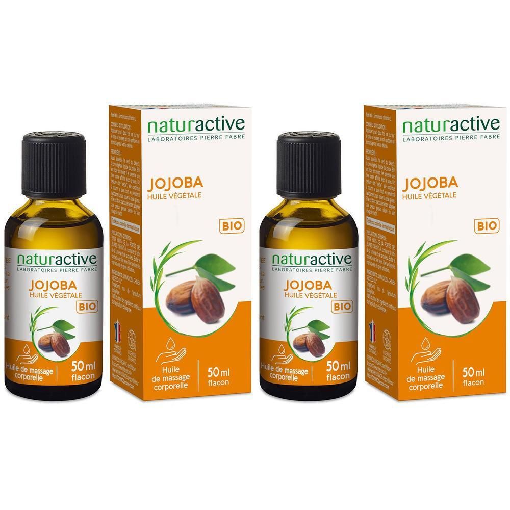 Trois flacons d'huile de jojoba avec emballage. Inscription : Jojoba Huile Végétale Bio. Emballage orange avec illustration.