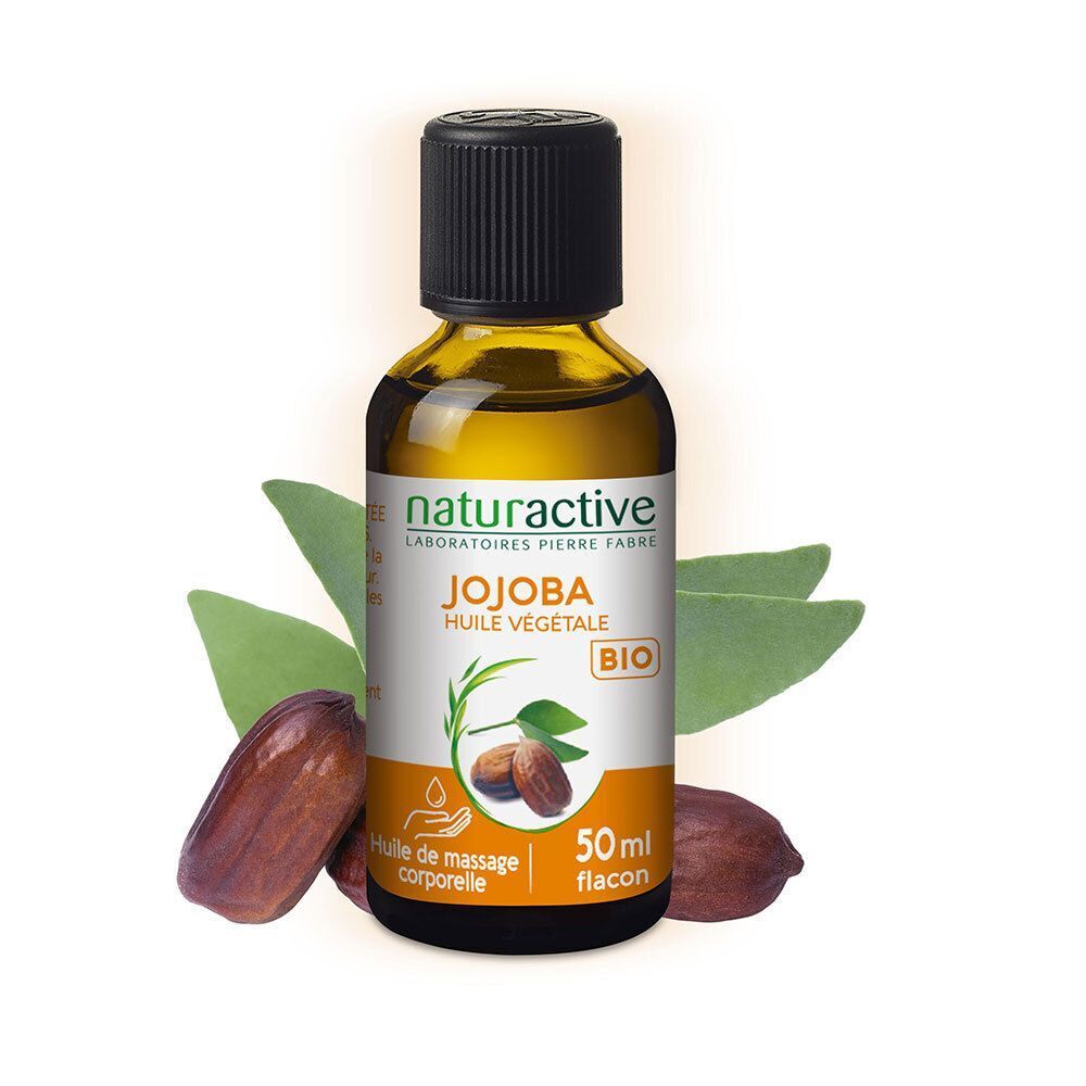 Un flacon d'huile de jojoba avec étiquette et illustration. Inscription : Jojoba Huile Végétale Bio. Avec feuilles et graines.