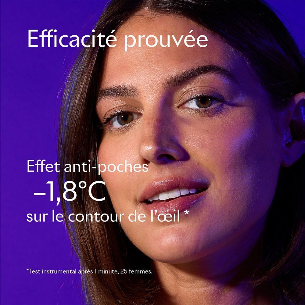 Portrait d'une femme. Texte: Efficacité prouvée, Effet anti-poches -1,8°C sur le contour de l'œil.