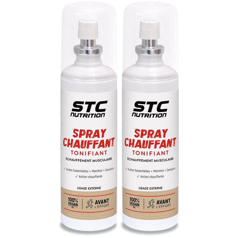 Deux flacons spray blancs avec inscriptions rouges et noires. Inscriptions: STC Nutrition, Spray Chauffant, Tonifiant. Logo vegan.