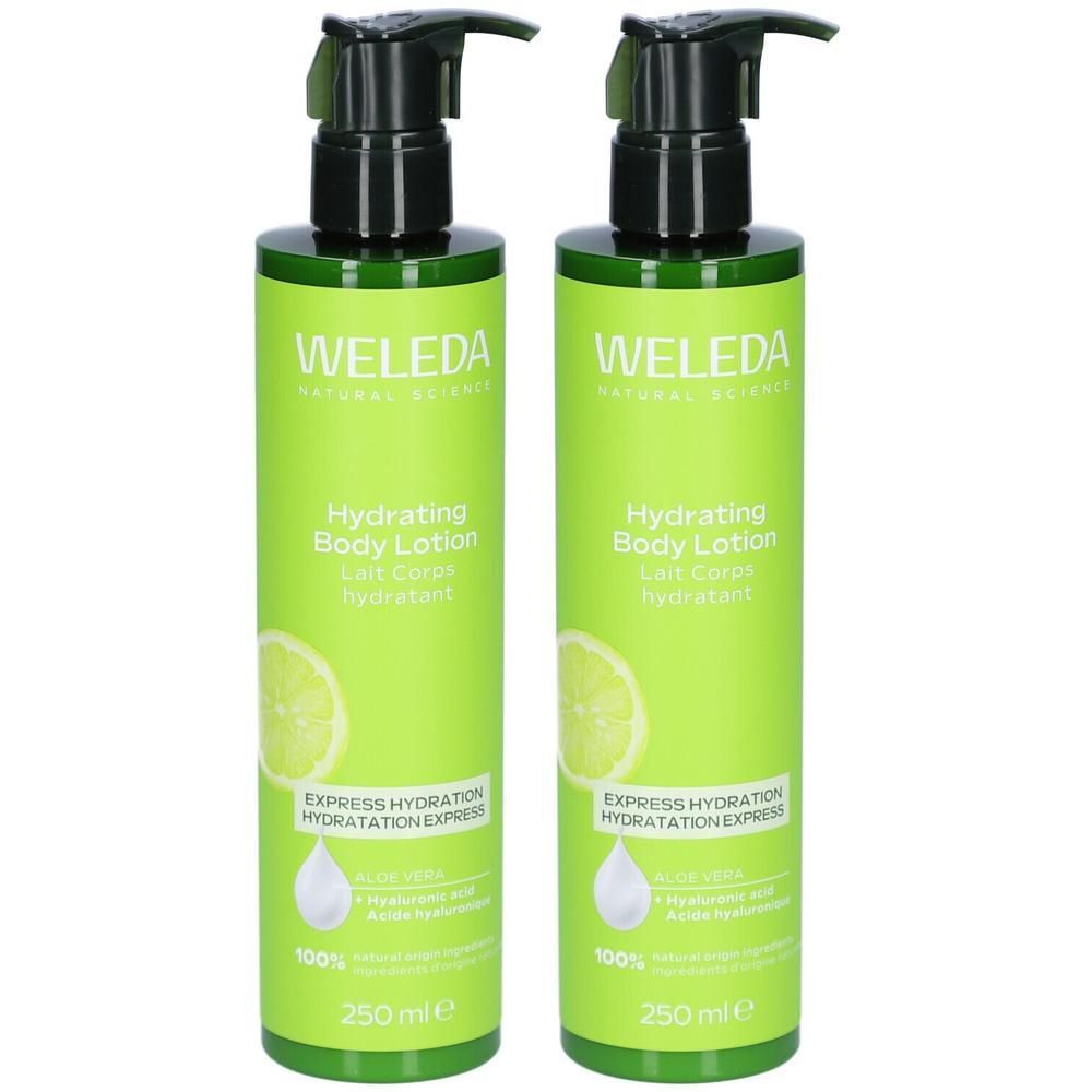 Deux flacons verts avec pompe noire. Inscription: WELEDA, Hydrating Body Lotion. Avec graphique citron et texte. 250 ml.