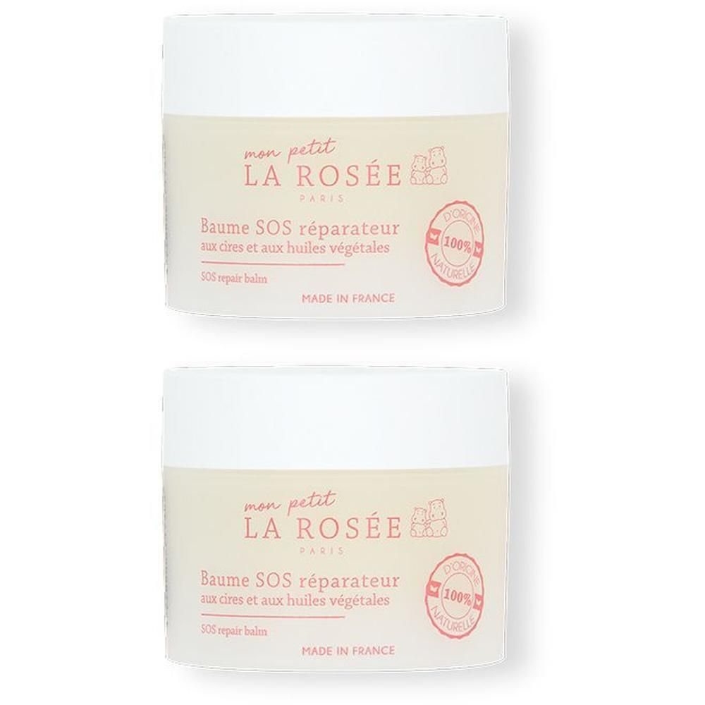 Deux pots avec couvercles blancs. Inscription: Baume SOS réparateur, LA ROSÉE. Sceau: 100% naturel. Fabriqué en France.