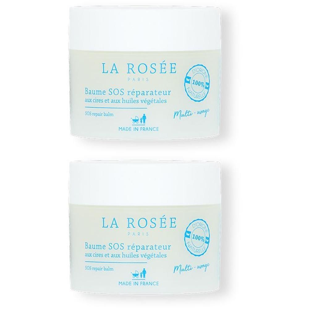 Deux pots ronds. Inscription: LA ROSÉE, Baume SOS réparateur, aux cires et aux huiles végétales. Avec sceau et mention: Made in France.