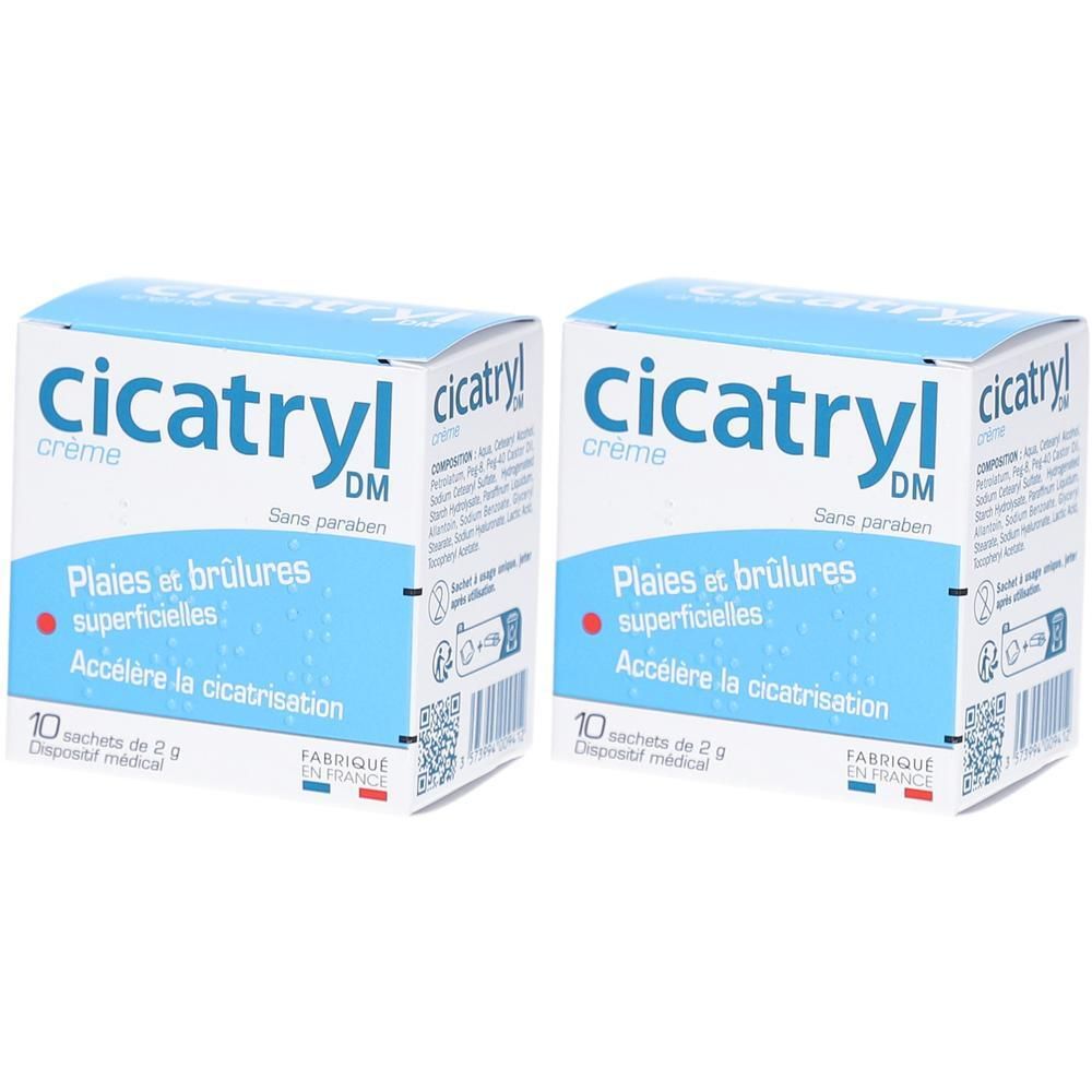 Deux boîtes de CICATRYL DM Crème. Inscription: Plaies et brûlures superficielles, Accélère la cicatrisation. 10 sachets de 2 g. Dispositif médical.