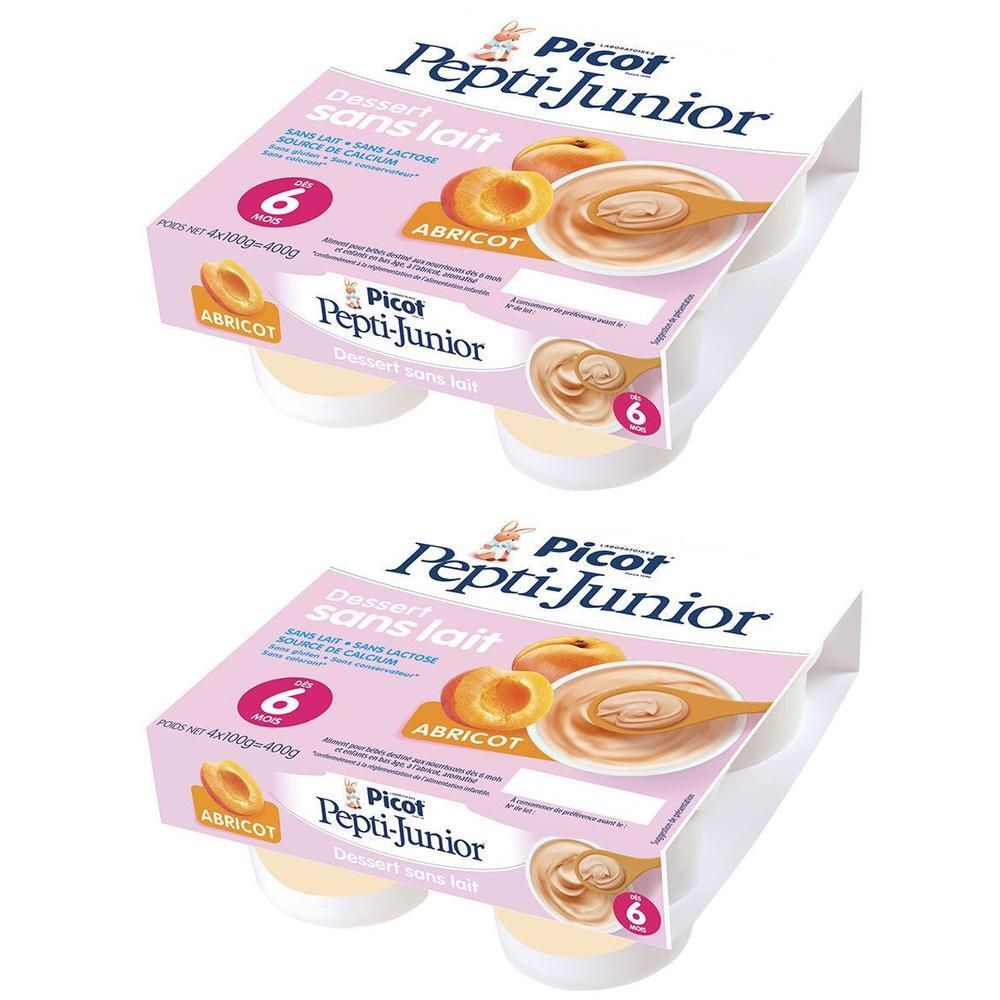 Deux emballages de dessert Picot Pepti-Junior sans lait, abricot. Chaque emballage contient quatre pots. Indication : 6 mois.