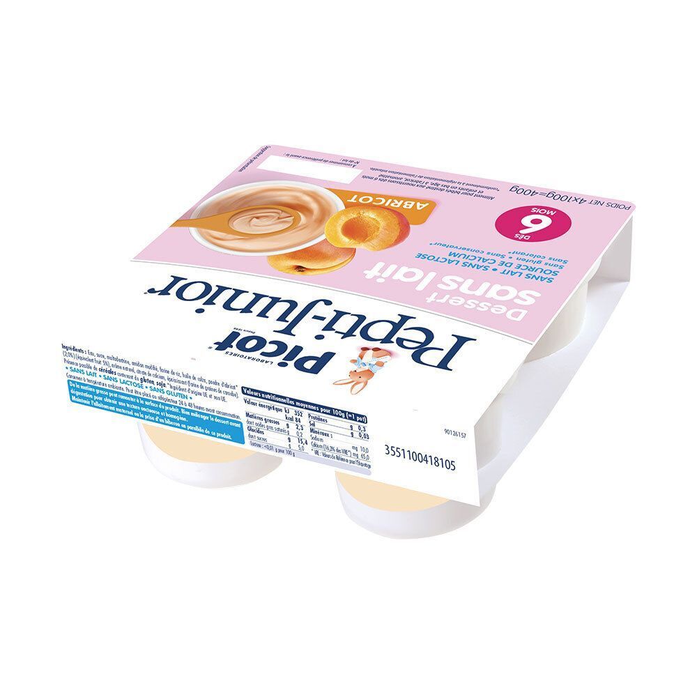 Emballage de dessert Picot Pepti-Junior sans lait, abricot. Quatre pots dans un support. Indication : 6 mois.