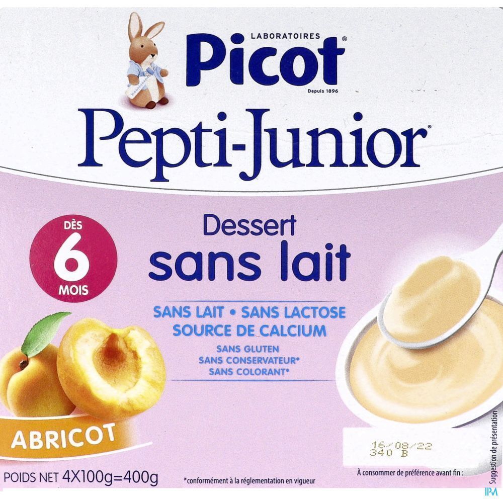 Emballage de dessert Picot Pepti-Junior sans lait, abricot. Indication : 6 mois. Illustration d'abricots et de dessert.