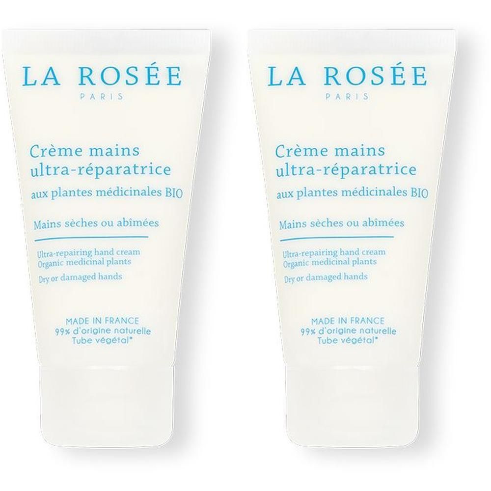 Deux tubes de crème pour les mains. Inscription: LA ROSÉE, Crème mains ultra-réparatrice. Pour mains sèches ou abîmées.