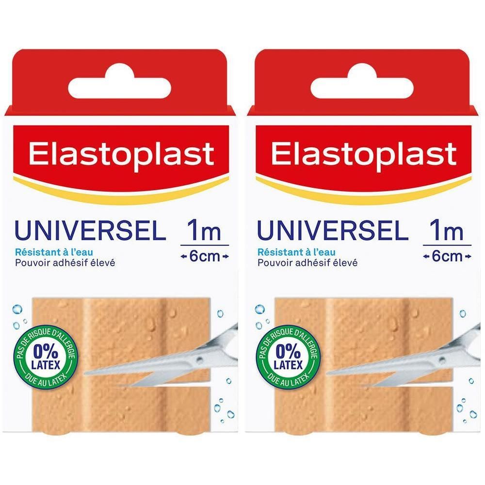 Deux boîtes de pansements universels Elastoplast. Inscription : 1 m x 6 cm, résistant à l'eau, 0% latex. Ciseaux et pansement.