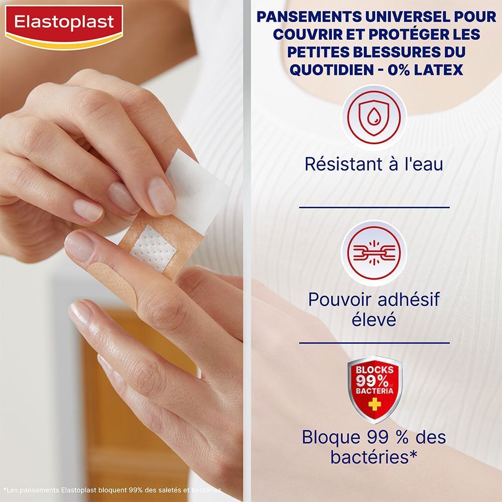 Main avec pansement. Texte : Elastoplast, résistant à l'eau, forte adhérence, 0% latex, bloque 99% des bactéries.