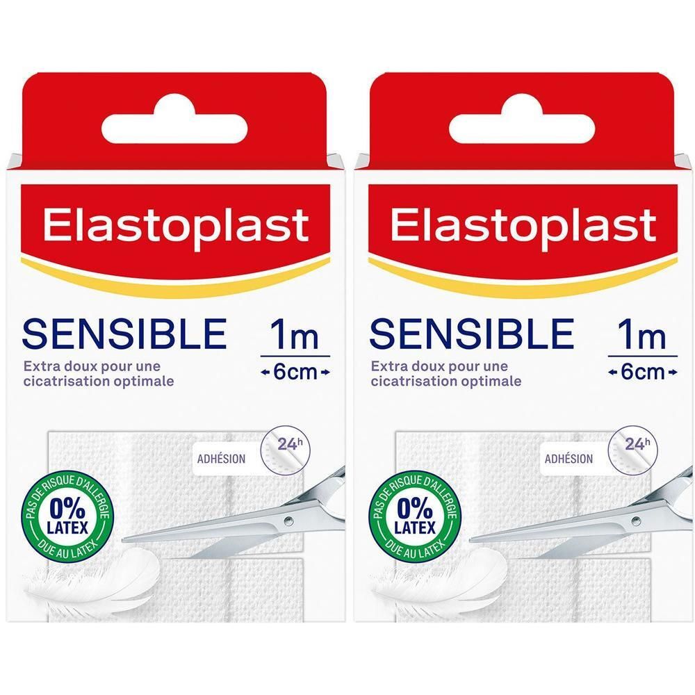 Deux boîtes de pansements. Inscription: Elastoplast, SENSIBLE, 1m x 6cm. Avec le sceau 0% latex.