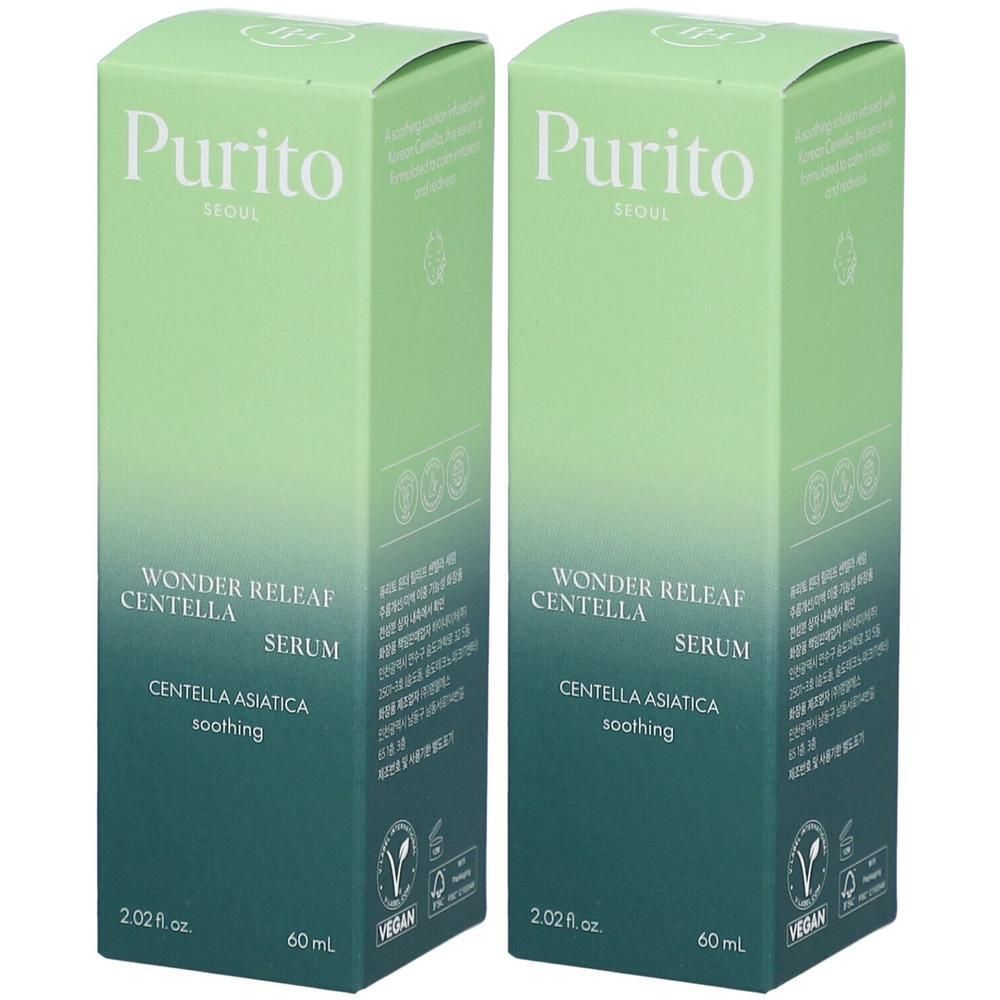 Deux boîtes vertes avec texte. Marque: Purito. Produit: Wonder Releaf Centella Serum, Centella Asiatica. Logo vegan.