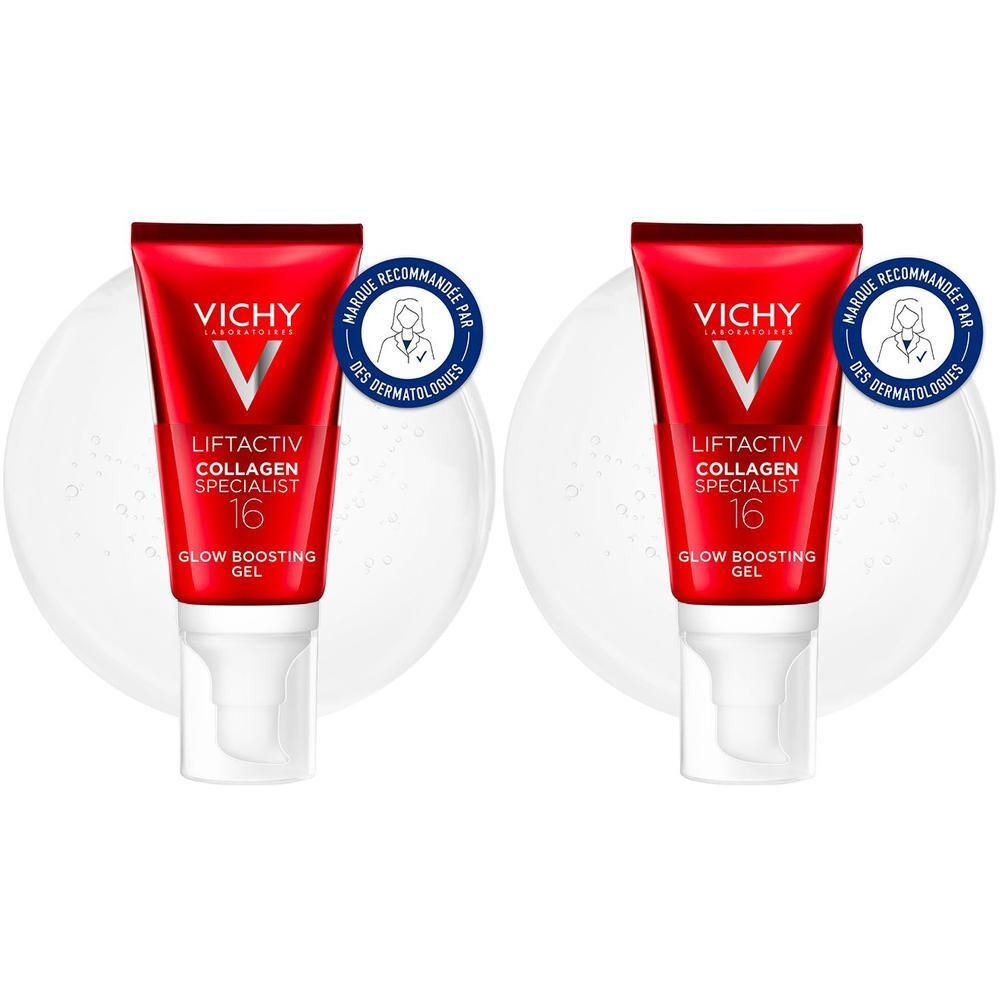 Deux tubes rouges avec pompe blanche. Inscription: Vichy, Liftactiv Collagen Specialist 16, Glow Boosting Gel. Avec sceau.