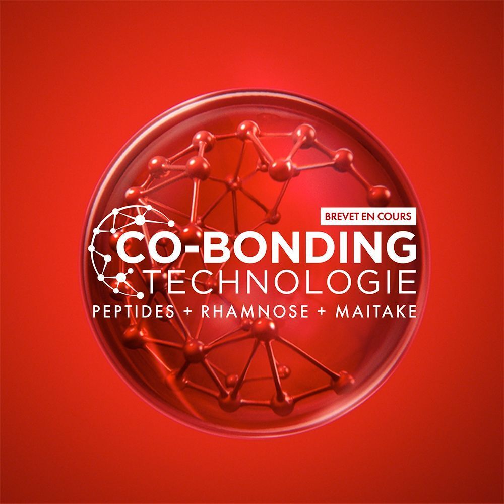 Cercle rouge avec texte blanc: Co-Bonding Technologie. Peptide + Rhamnose + Maitake. Brevet en cours.