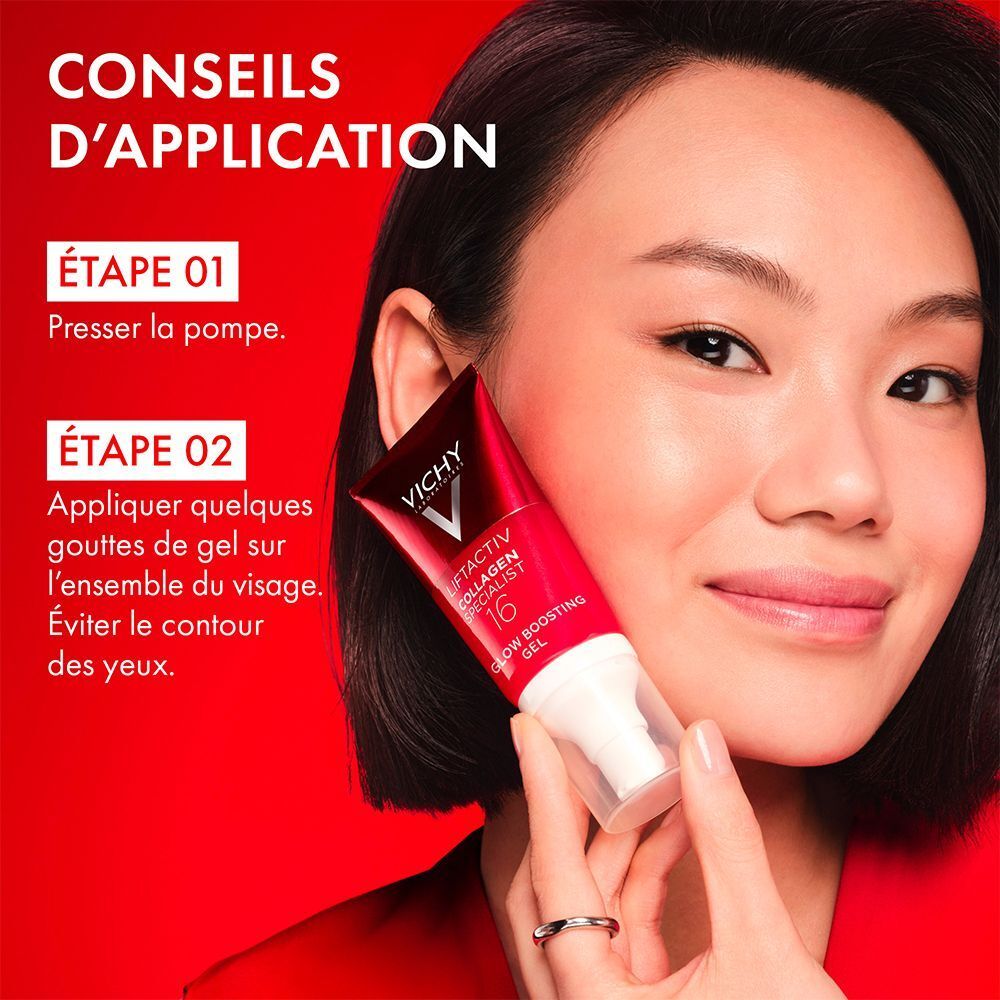 Femme tenant un tube. Texte: Conseils d'application. Étape 01: Presser la pompe. Étape 02: Appliquer quelques gouttes.