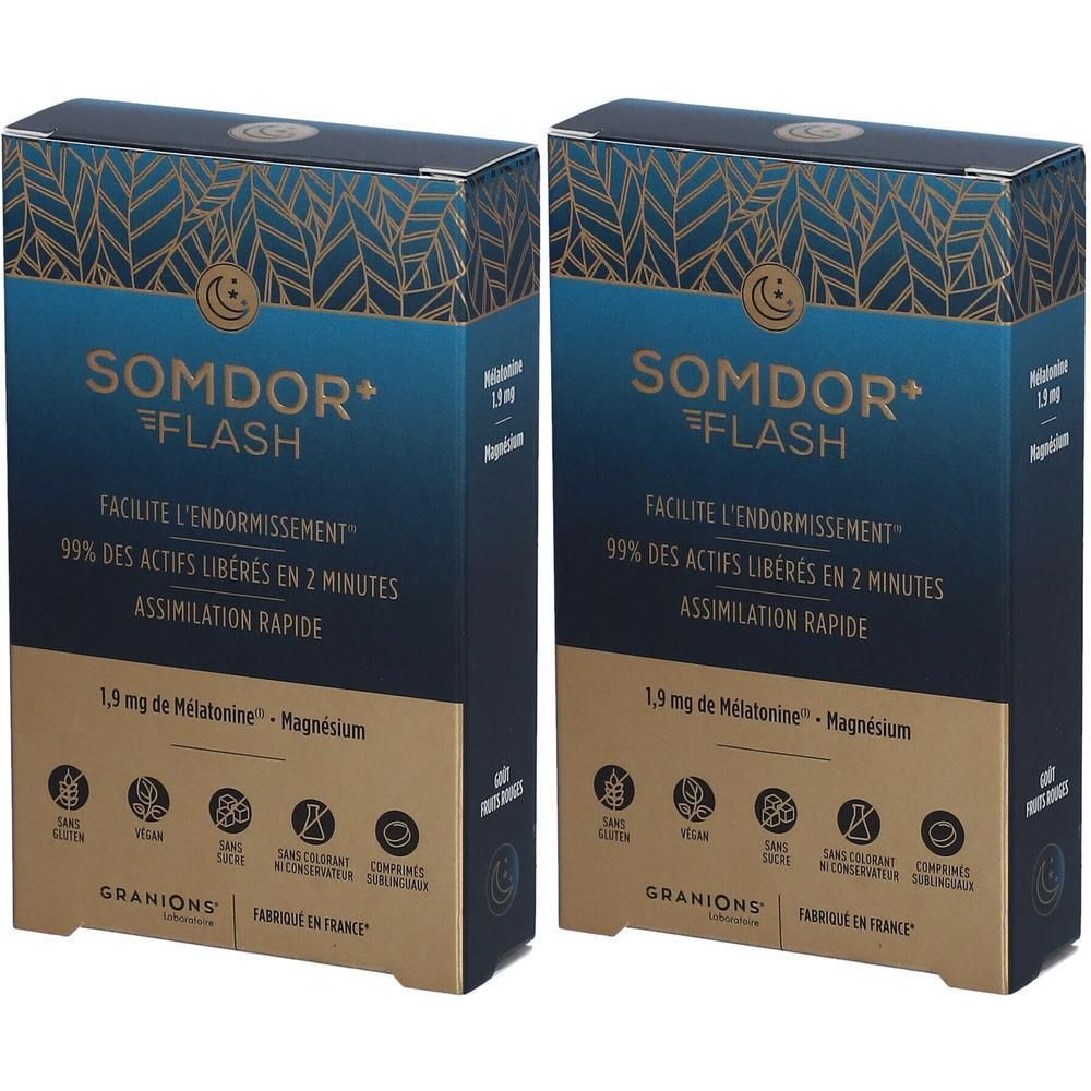 Deux boîtes SOMDOR+ FLASH. Emballage bleu et doré. Texte: FACILITE L'ENDORMISSEMENT, 99% DES ACTIFS LIBÉRÉS EN 2 MINUTES. Contient 1,9 mg de Mélatonine et Magnésium.