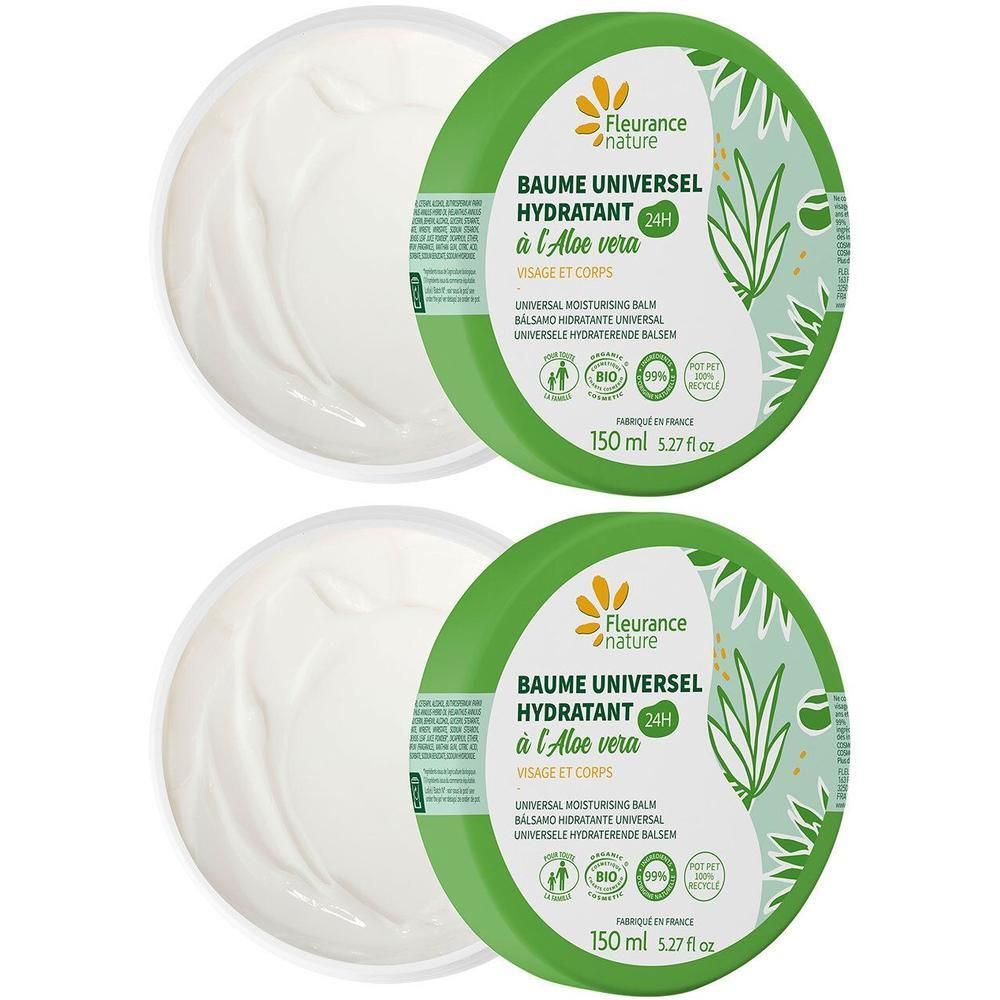 Deux pots ronds de crème blanche avec couvercles verts. Sur les couvercles, on lit "BAUME UNIVERSEL HYDRATANT à l'Aloe vera".