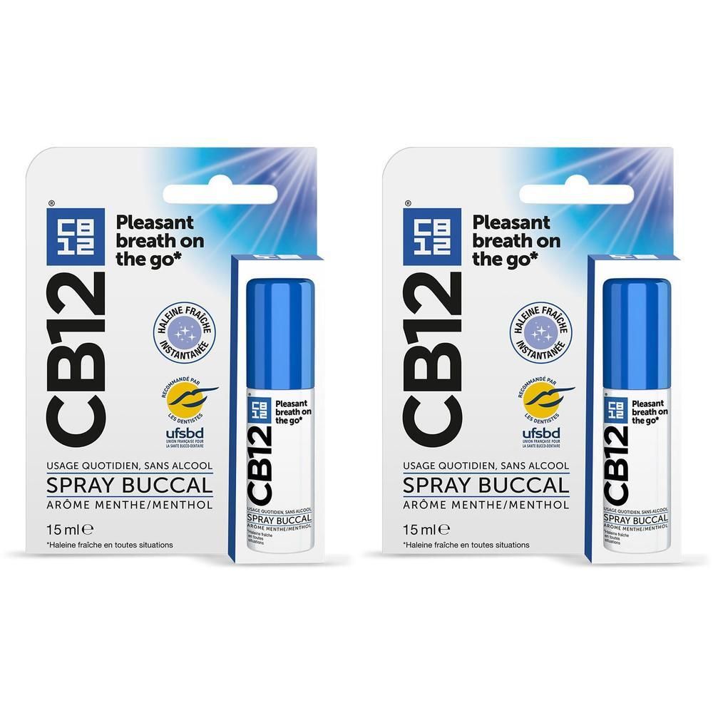 Deux sprays buccaux CB12, goût menthe. Emballage bleu et blanc. 15 ml.