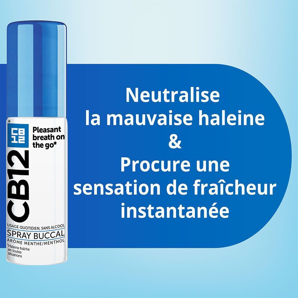 Spray buccal CB12, goût menthe. Bouchon bleu, flacon blanc. Texte : Neutralise la mauvaise haleine.