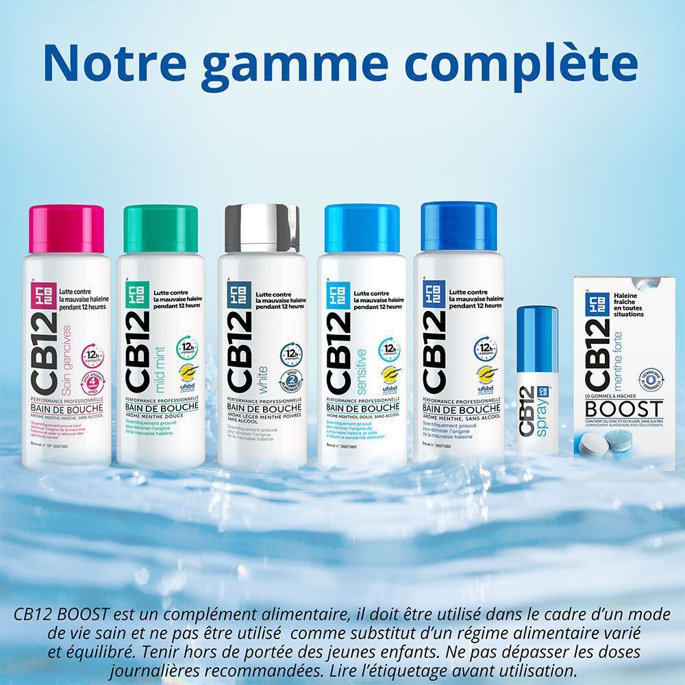 Gamme complète de produits d'hygiène bucco-dentaire CB12. Bains de bouche, spray et comprimés.